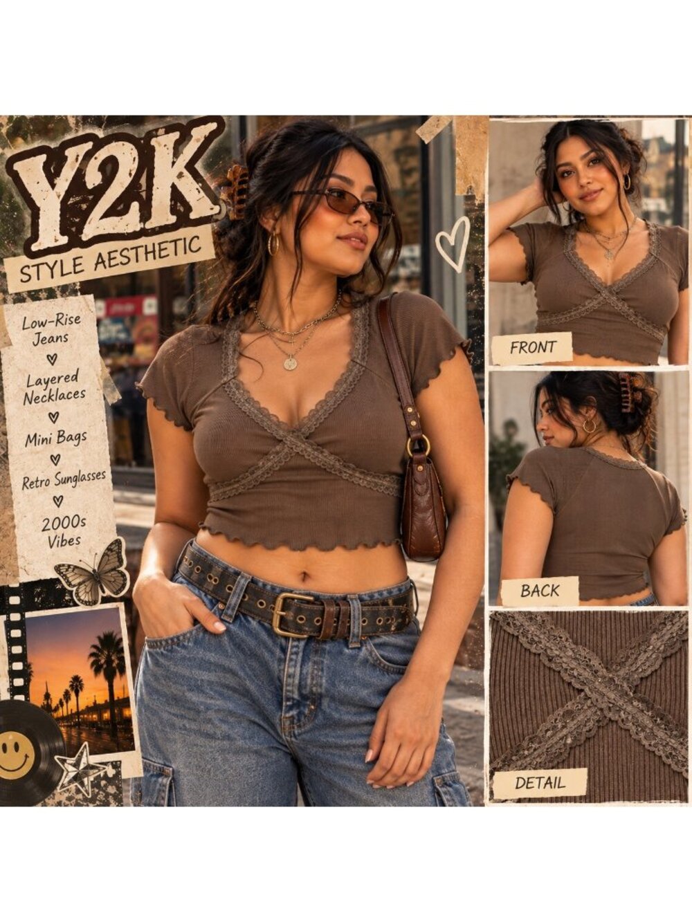 Arizona Jean Co Brown Lace Trim Baby Tee XL Y2K Coquette Fairy Grunge Top